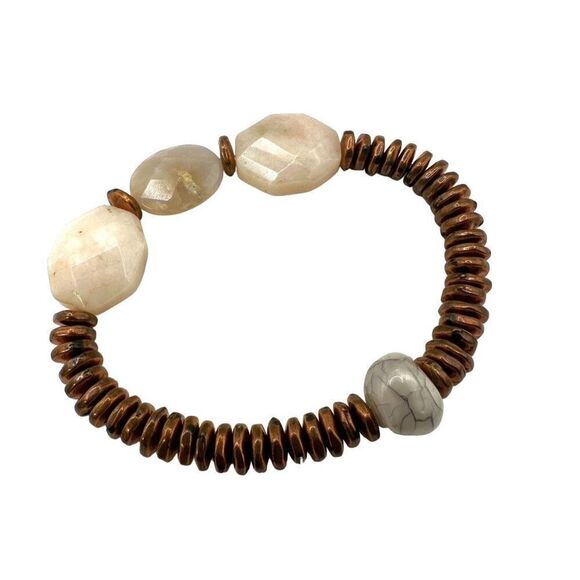 Rose quartz agate and copper disc beaded stretchy bracelet - Picture 9 of 9